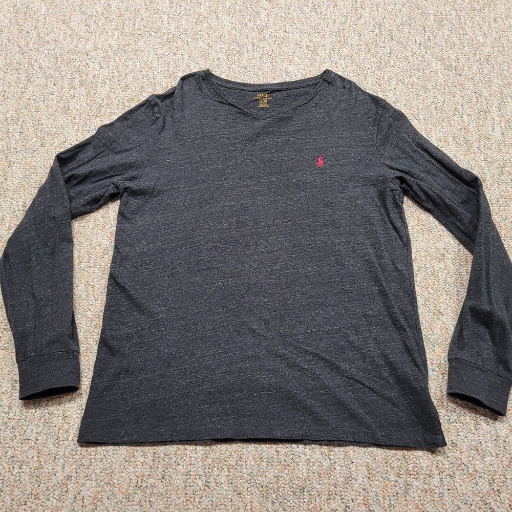 Polo Ralph Lauren Shirt Mens Large Heather‎ Grey Long Sleeve V Neck Cotton Tee